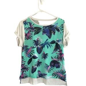 Puma Blue & White Multicolor Colorful Floral Tropical Casual T-Shirt Women Sz L